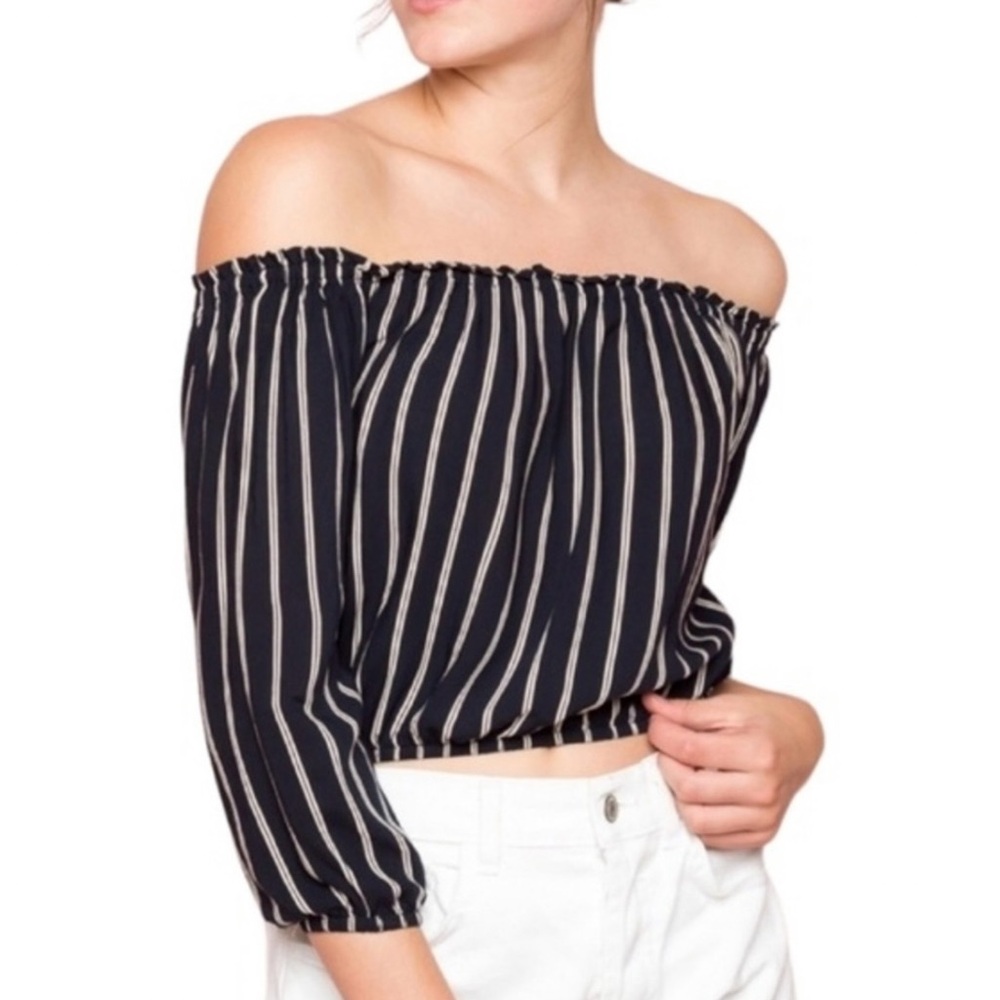 Brandy Melville Black and White Smocked Crop Blouse off shoulder stripe striped